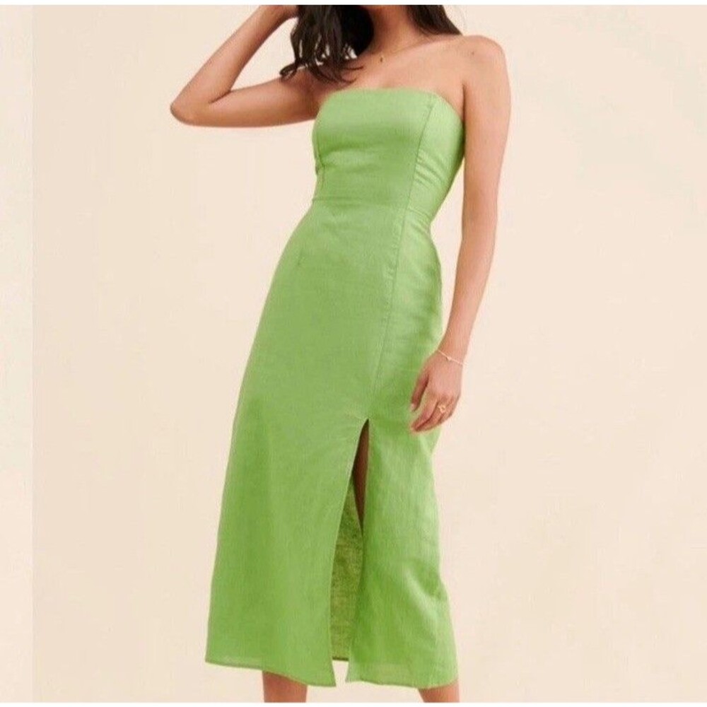 Size L Elia Dress Green Linen Strapless Sheath Pencil Midi Tube